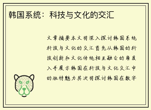 韩国系统：科技与文化的交汇